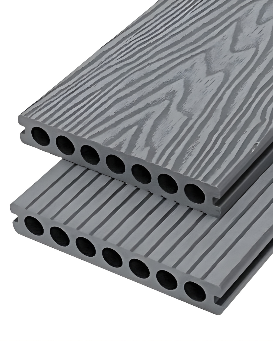Gray composite Outdoor WPC Floor Decking boards with a textured surface on a white background