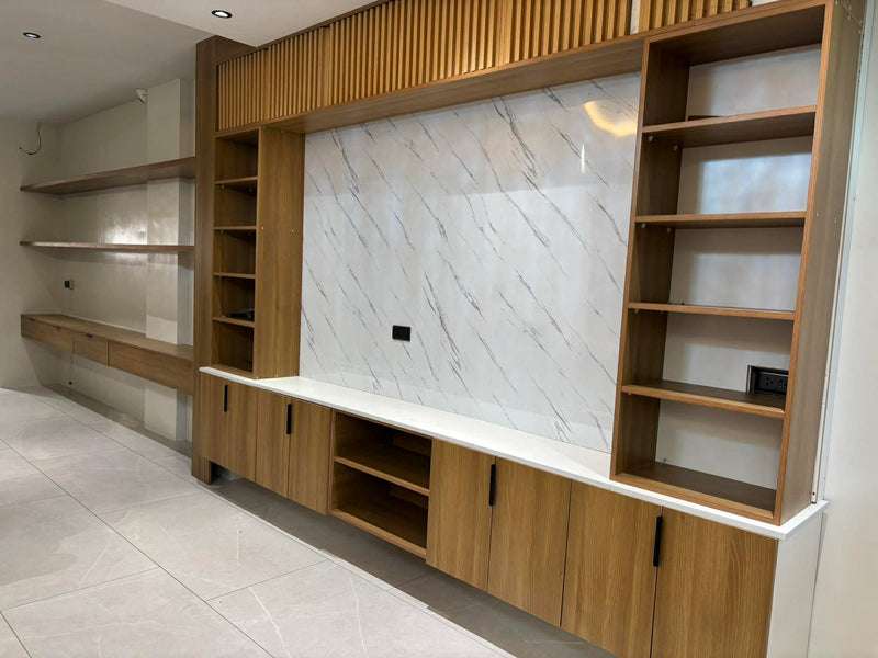 Modern interior with wooden shelves and marble wall panel By Wood Panel Philippines.
