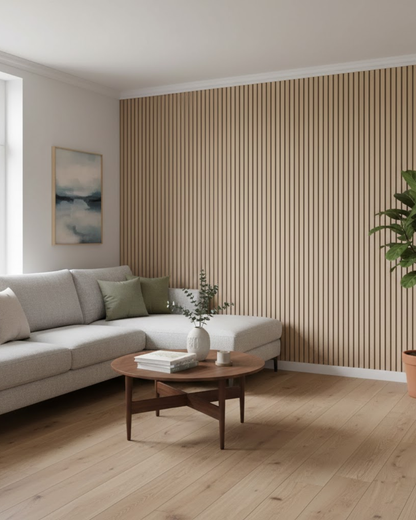 Living room with a Oak Gray Felt Acoustic Wood Wall Panel, sofa, coffee table, and decor items.