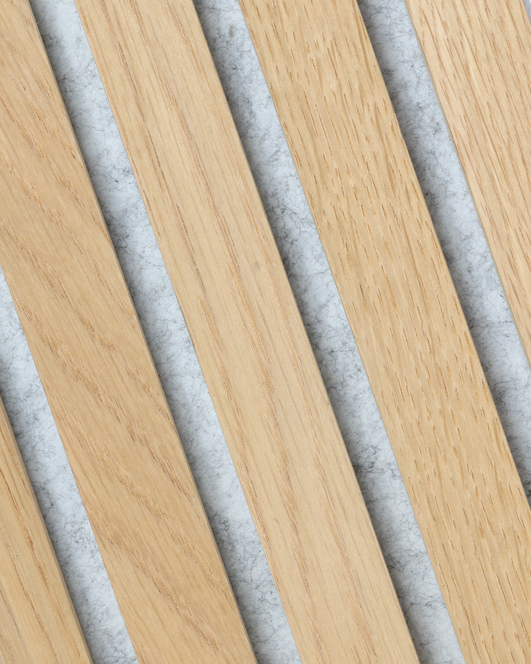 Close-up of Oak Gray Felt Acoustic Wood Wall Panel with a grayish texture