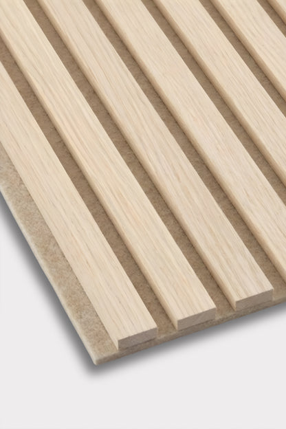Oak Beige Acoustic Wood Wall Panel with horizontal slats on a light gray background