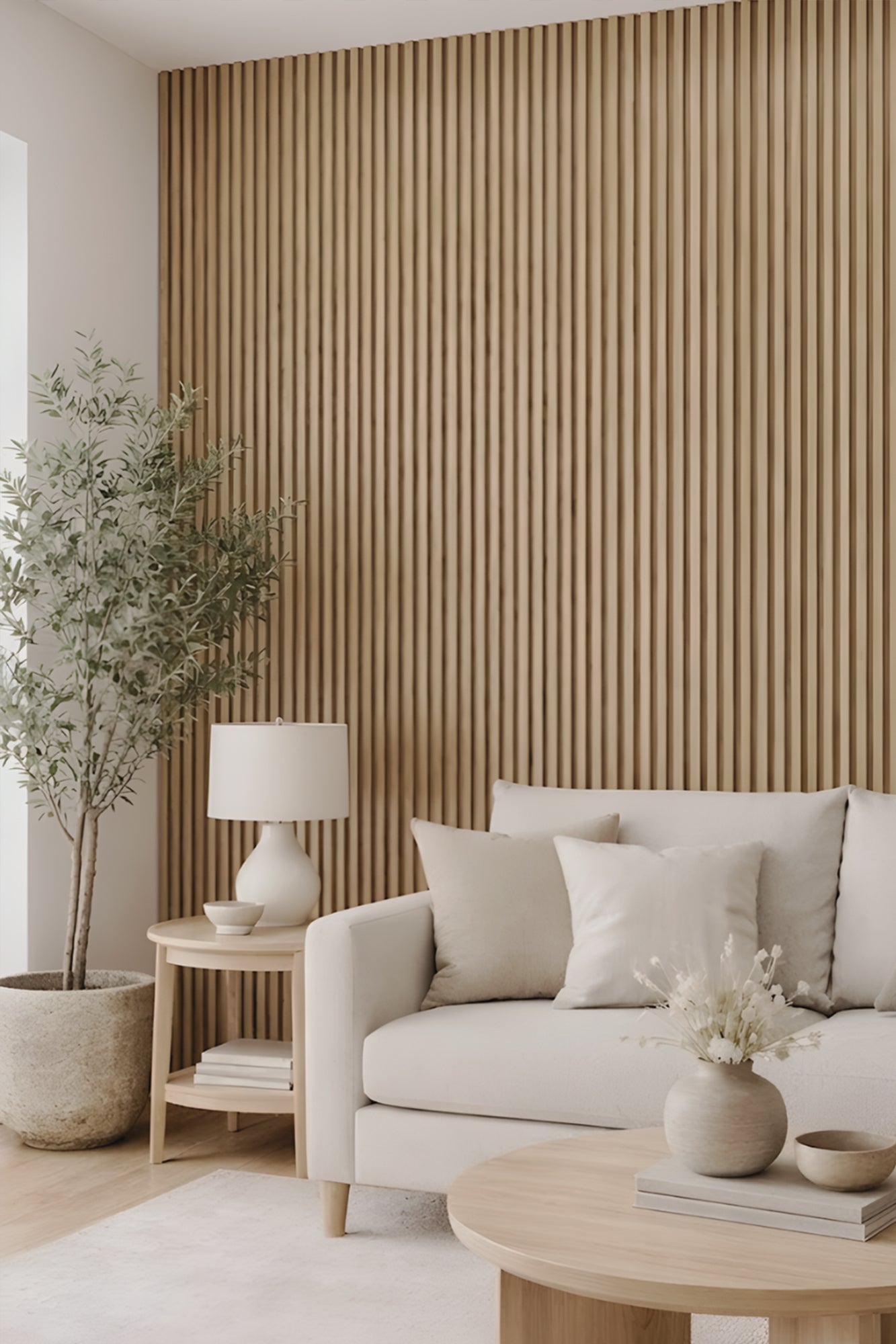 Modern living room with a textured Oak Beige Acoustic Wood Wall Panel, white sofa, and decorative elements.