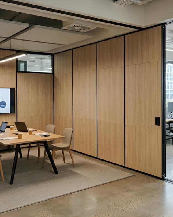 Modern office space with wooden Soundproof Wall Partition and a meeting table.