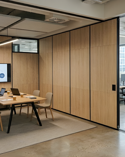 Modern office space with wooden Soundproof Wall Partition and a meeting table.