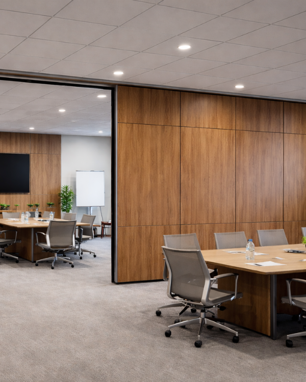 Modern office with wooden walls, glass partitions, and office furniture Soundproof Wall Partition